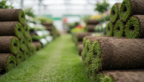 Rows of fresh green sod rolls stacked on wooden pallets ready for landscaping projects and outdoor decoration