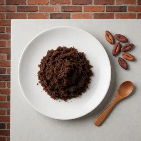 White ceramic bowl filled with cocoa body scrub on a gray surface, accompanied by cocoa beans and a wooden spoon against a red brick background with soft professional lighting