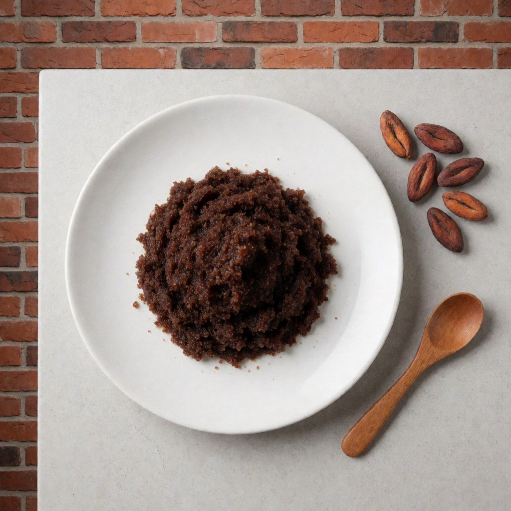 White ceramic bowl filled with cocoa body scrub on a gray surface, accompanied by cocoa beans and a wooden spoon against a red brick background with soft professional lighting