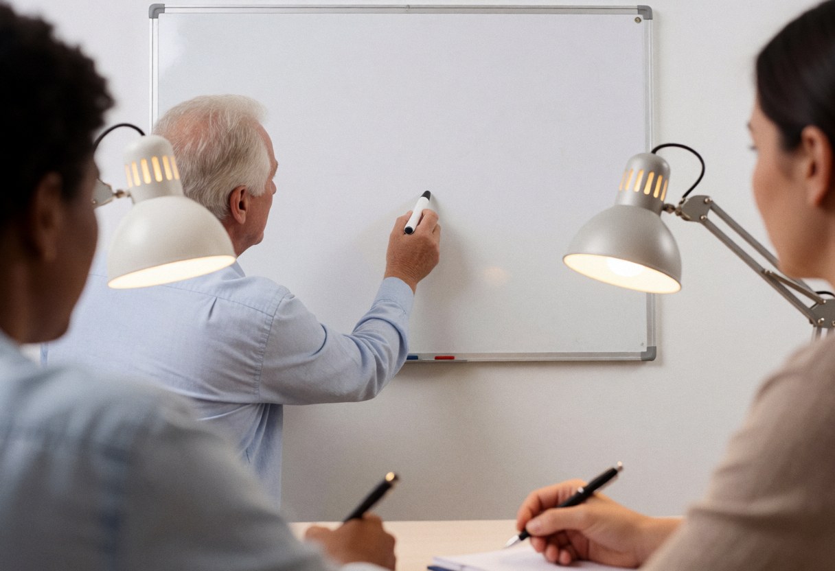 Tutor writes on a whiteboard while two students take notes with pens under desk lamps in a realistic language class setting.