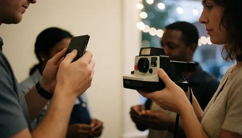 Guest at a wedding reception holding a vintage instant camera with warm bokeh lights in the background