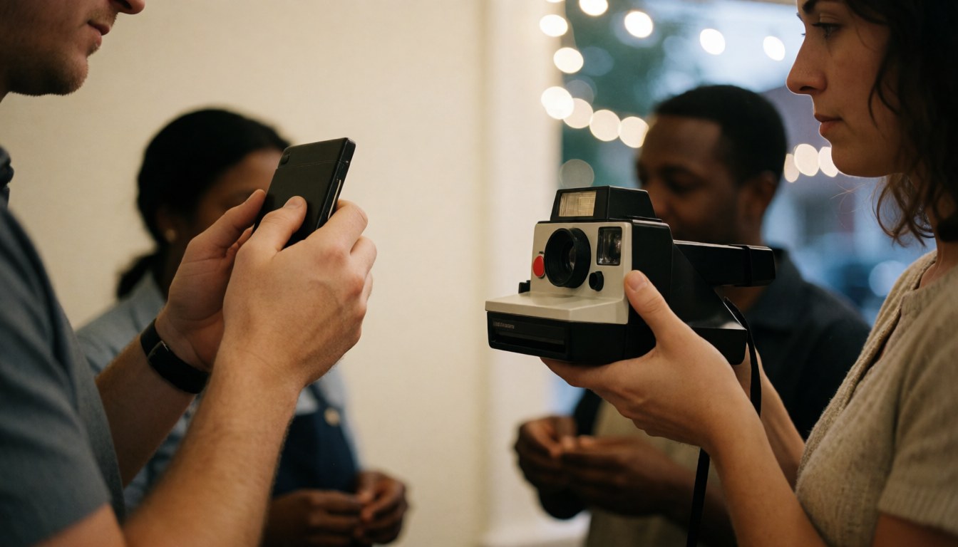 Guest at a wedding reception holding a vintage instant camera with warm bokeh lights in the background