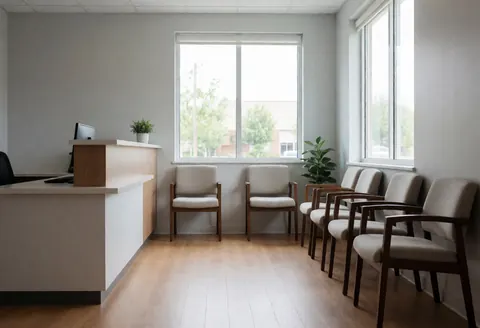 A side view of a clean and professional reception desk in a consulting office, featuring wooden accents, natural light from windows, and waiting chairs for clients.