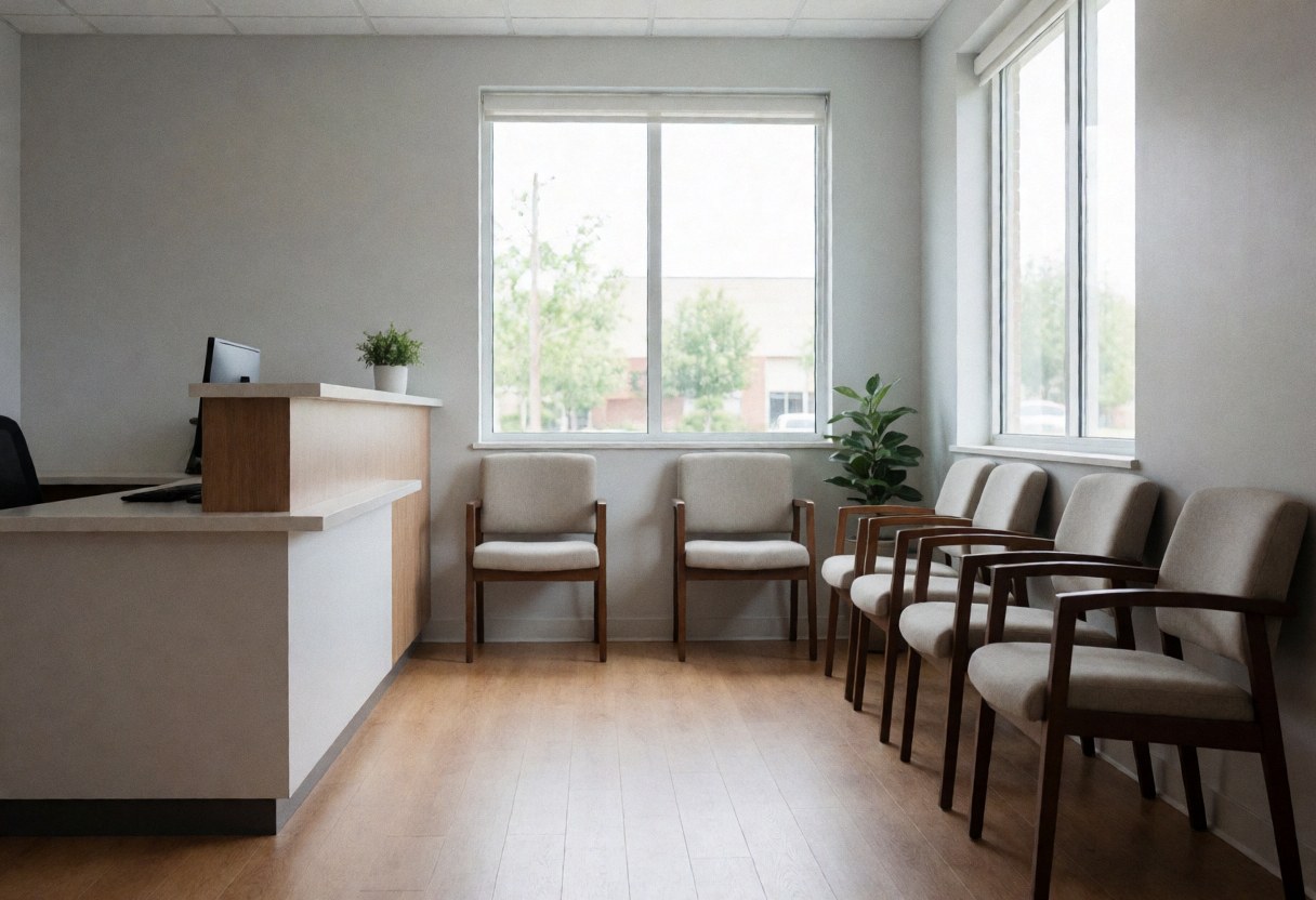 A side view of a clean and professional reception desk in a consulting office, featuring wooden accents, natural light from windows, and waiting chairs for clients.