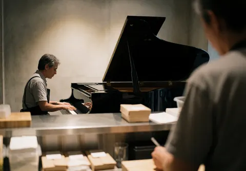 A piano is visible in the background of a bar setting with warm lighting, creating a professional atmosphere for service in action.