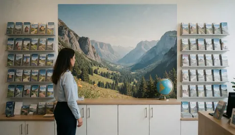 Professional travel agent standing in front of a mountain mural with brochures and a globe on a white desk in a modern office.