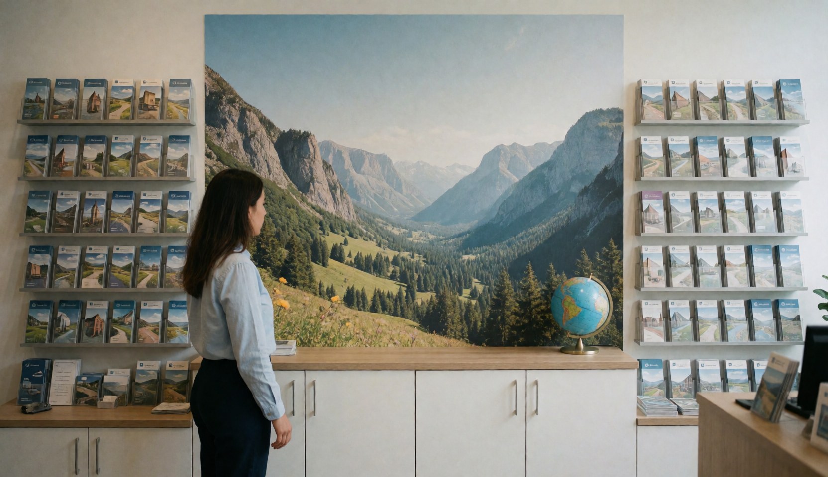 Professional travel agent standing in front of a mountain mural with brochures and a globe on a white desk in a modern office.