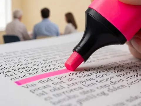 Close-up of a pink highlighter marking text on paper with blurred students in a university classroom background