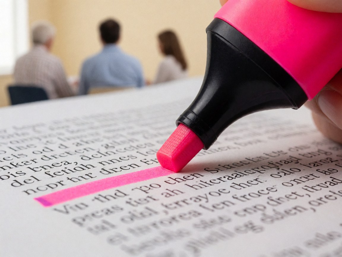 Close-up of a pink highlighter marking text on paper with blurred students in a university classroom background