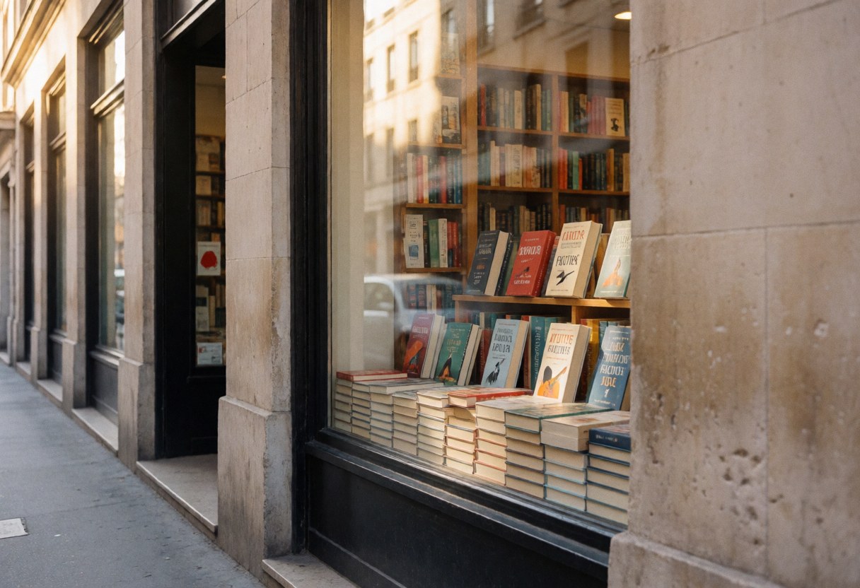 A stone storefront of a bookstore bathed in sunlight, featuring a large window display filled with stacked and arranged books for sale.