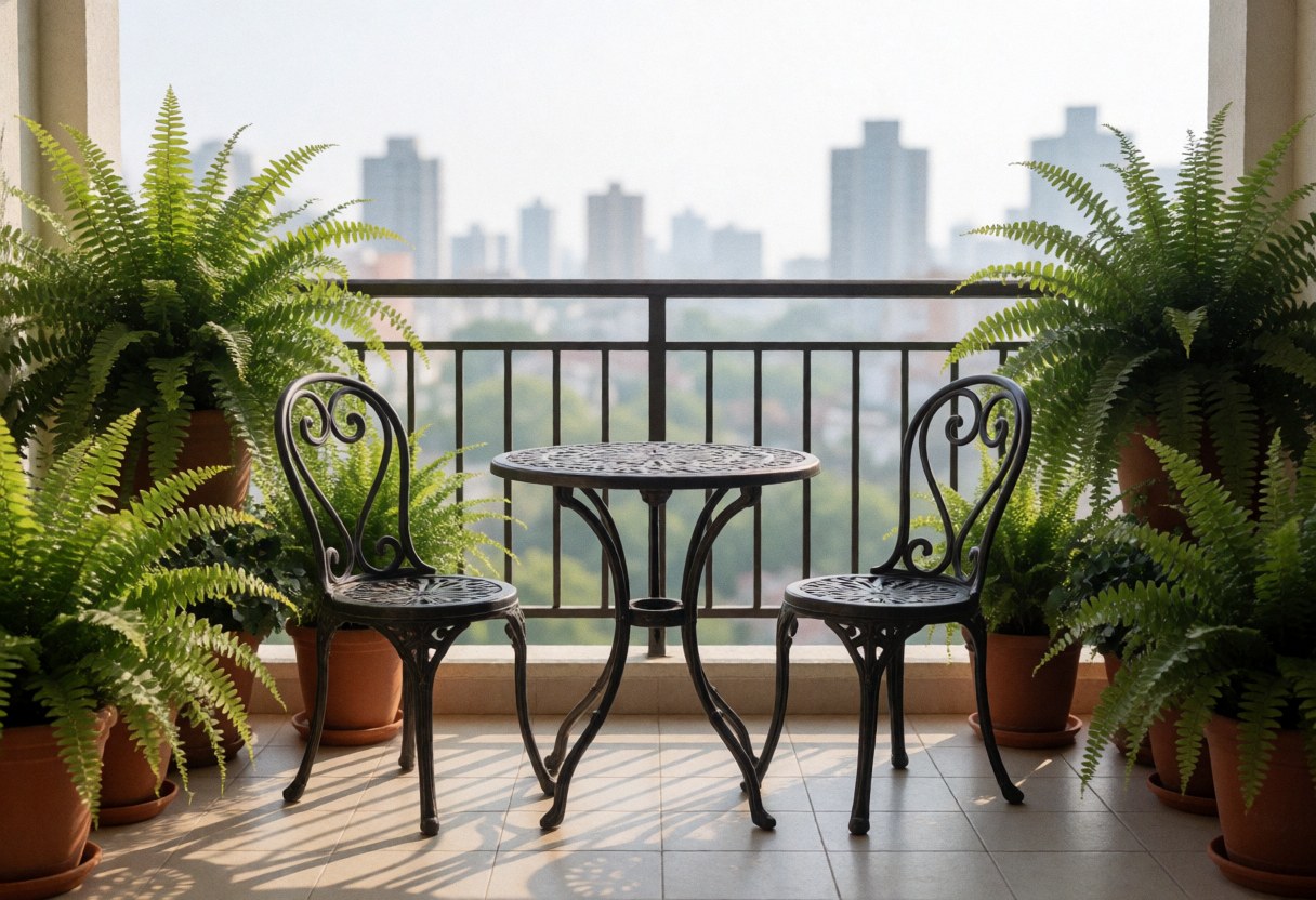 An empty outdoor terrace featuring wrought iron furniture, potted plants, and ceramic flooring with a view of the city.