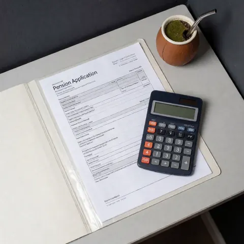 Close-up view of a blue calculator, a traditional mate gourd, and legal documents arranged on a wooden office desk for retirement planning