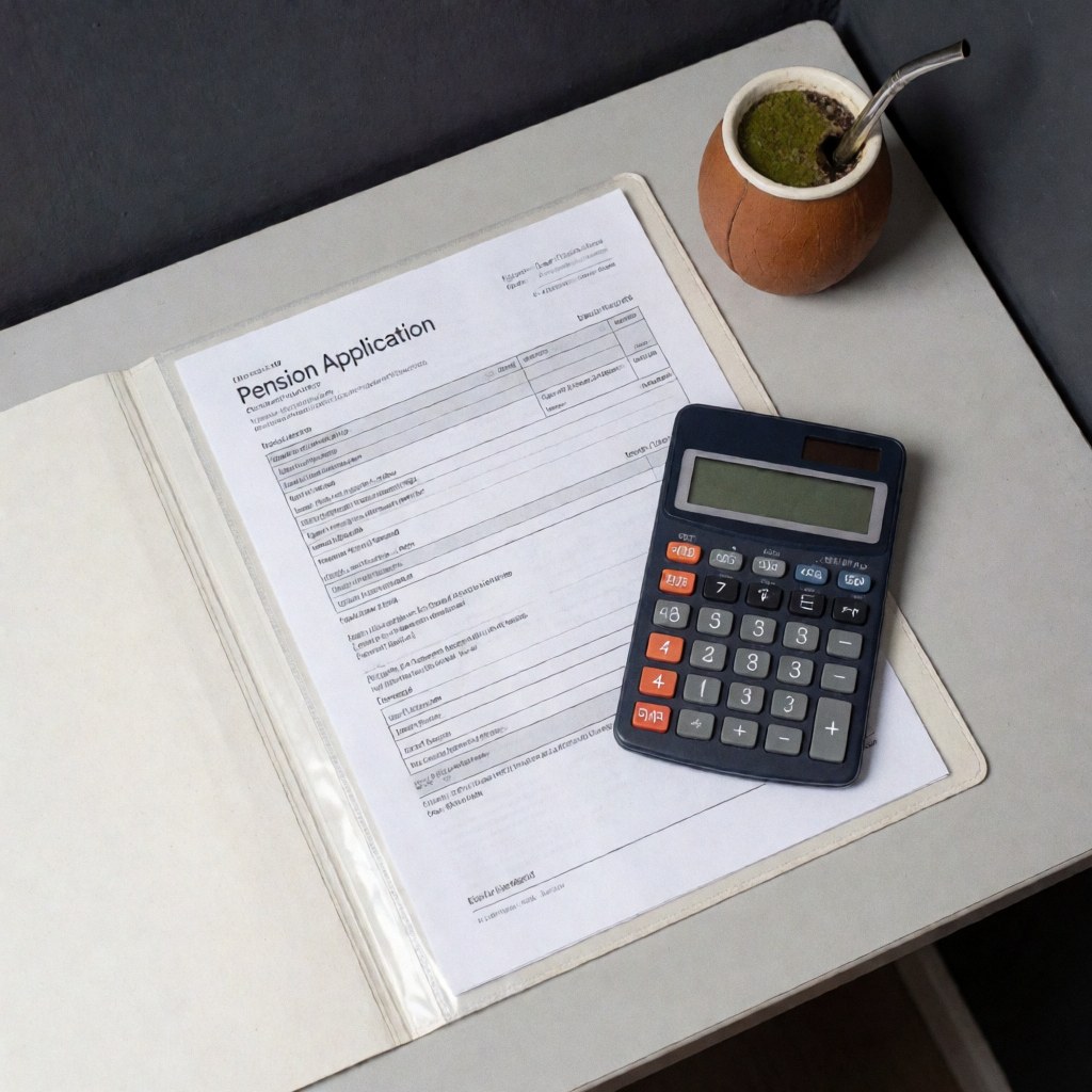 Close-up view of a blue calculator, a traditional mate gourd, and legal documents arranged on a wooden office desk for retirement planning