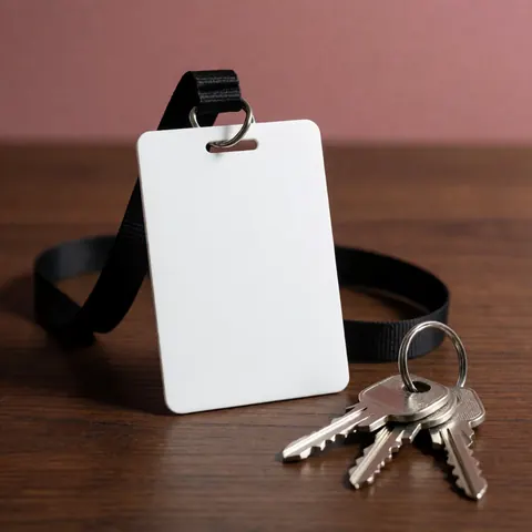 A close-up view of an identification badge attached to a lanyard alongside several metal keys resting on a wooden background.