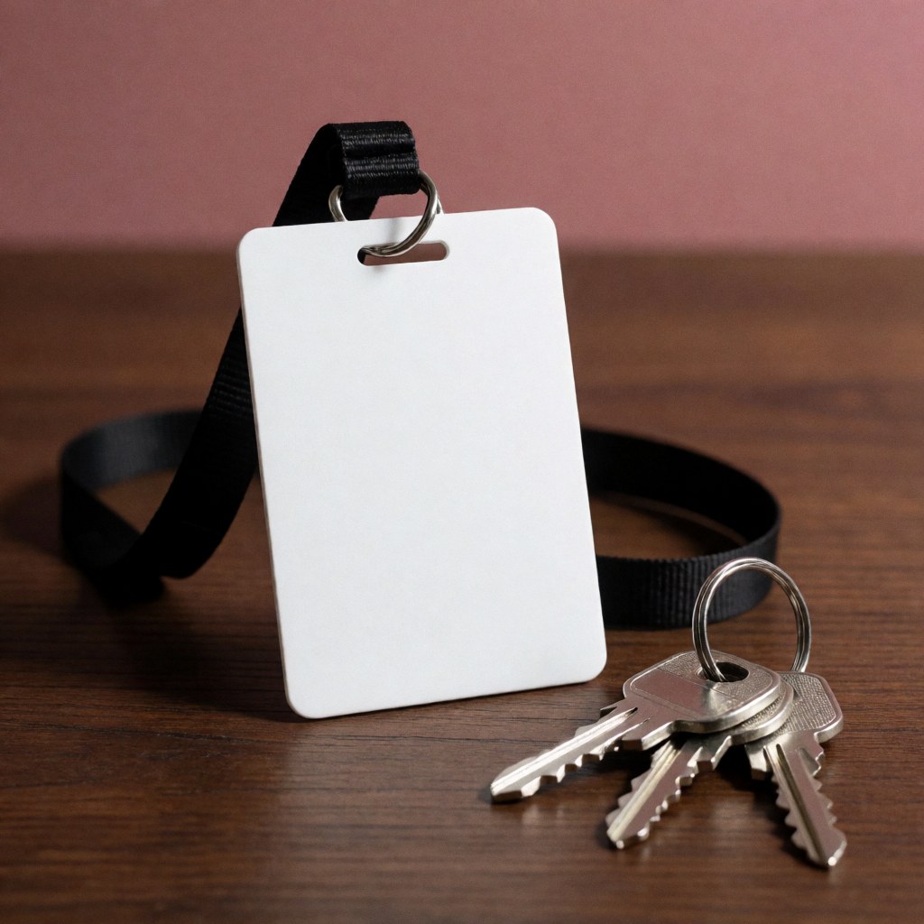 A close-up view of an identification badge attached to a lanyard alongside several metal keys resting on a wooden background.