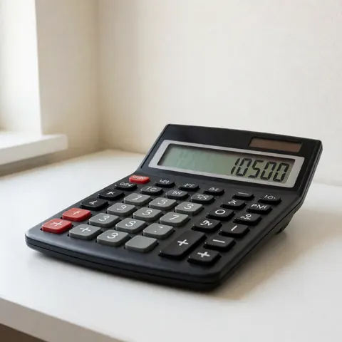 Black calculator displaying 10500 on a white desk with natural window light, ideal for accounting and finance.