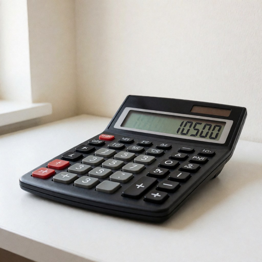 Black calculator displaying 10500 on a white desk with natural window light, ideal for accounting and finance.