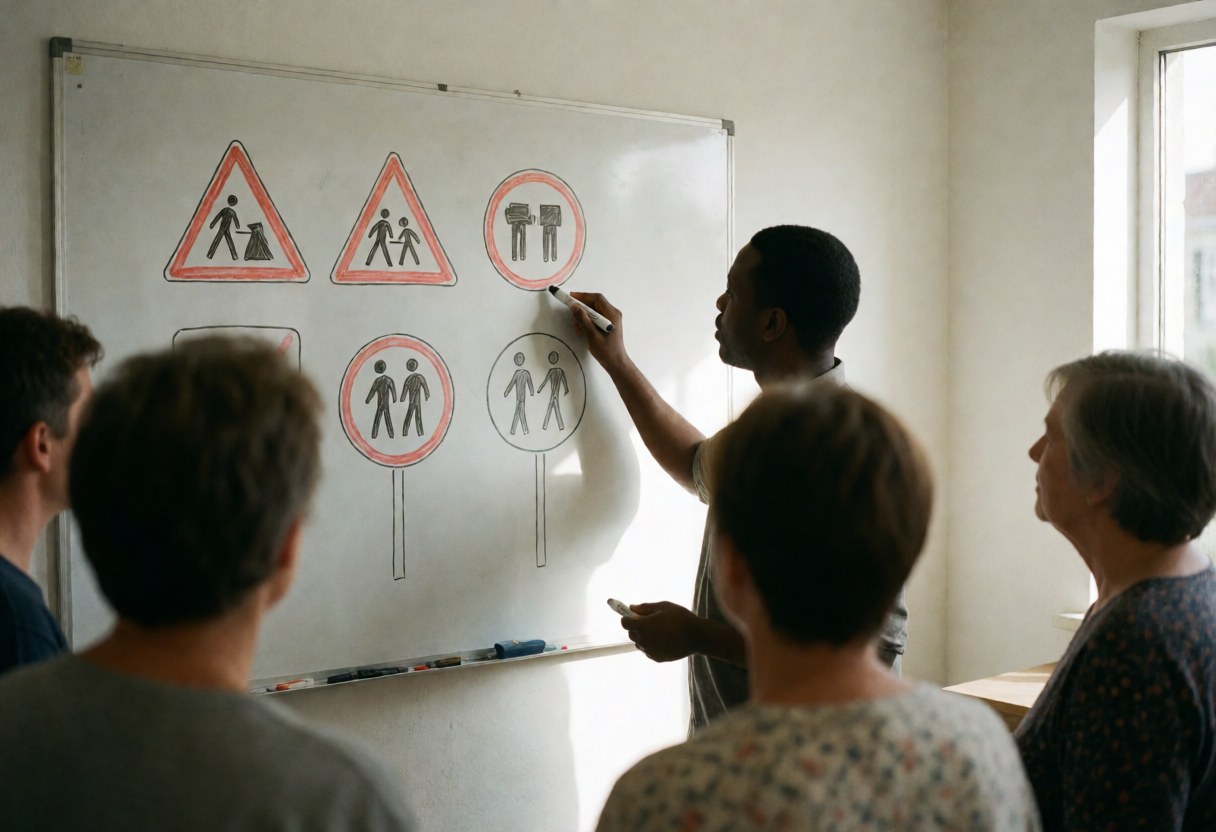 A driving instructor teaches a traffic theory lesson using a whiteboard and markers in a classroom setting.