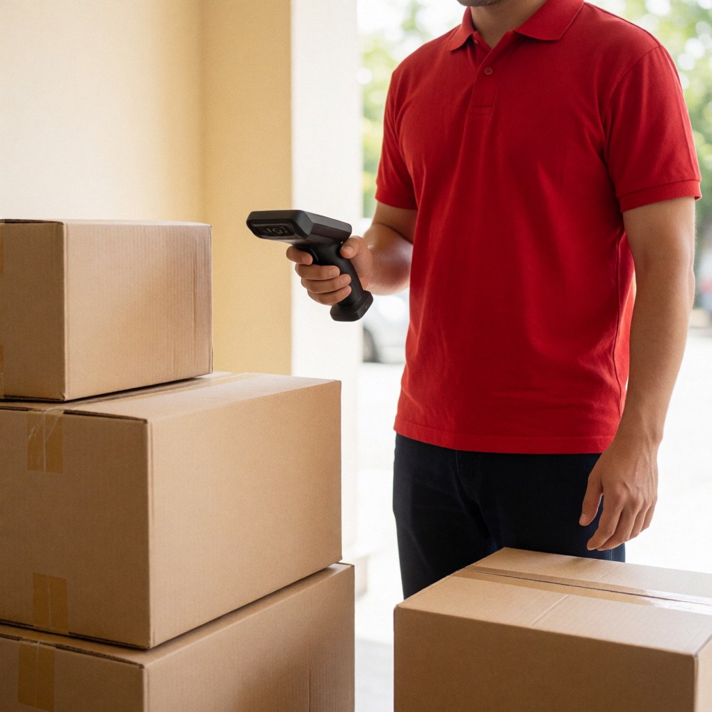 A courier in a red uniform scans barcodes on brown cardboard boxes in a warehouse for online store logistics and delivery