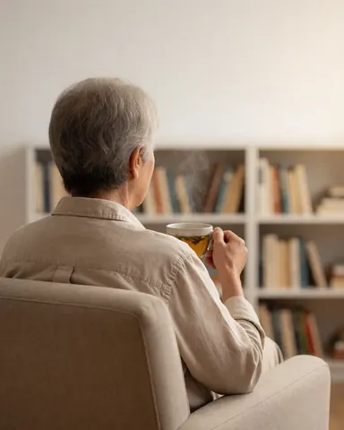 A senior woman sits in a comfortable chair holding a steaming cup of tea, surrounded by bookshelves, enjoying a moment of calm and relaxation at home.