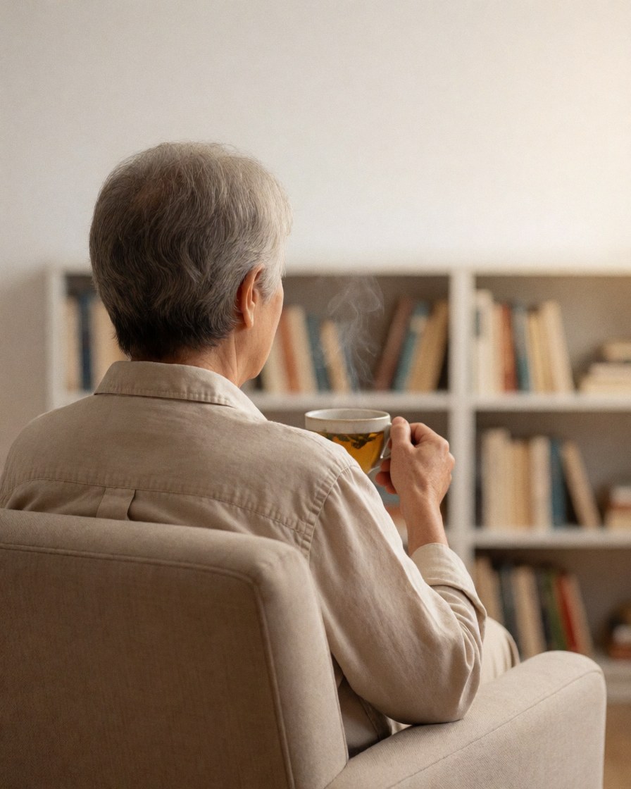 A senior woman sits in a comfortable chair holding a steaming cup of tea, surrounded by bookshelves, enjoying a moment of calm and relaxation at home.