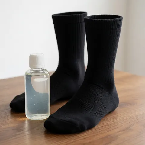 Bottle of recovery gel and black compression socks arranged on a wooden surface, ideal for therapeutic massage and sports rehabilitation products.