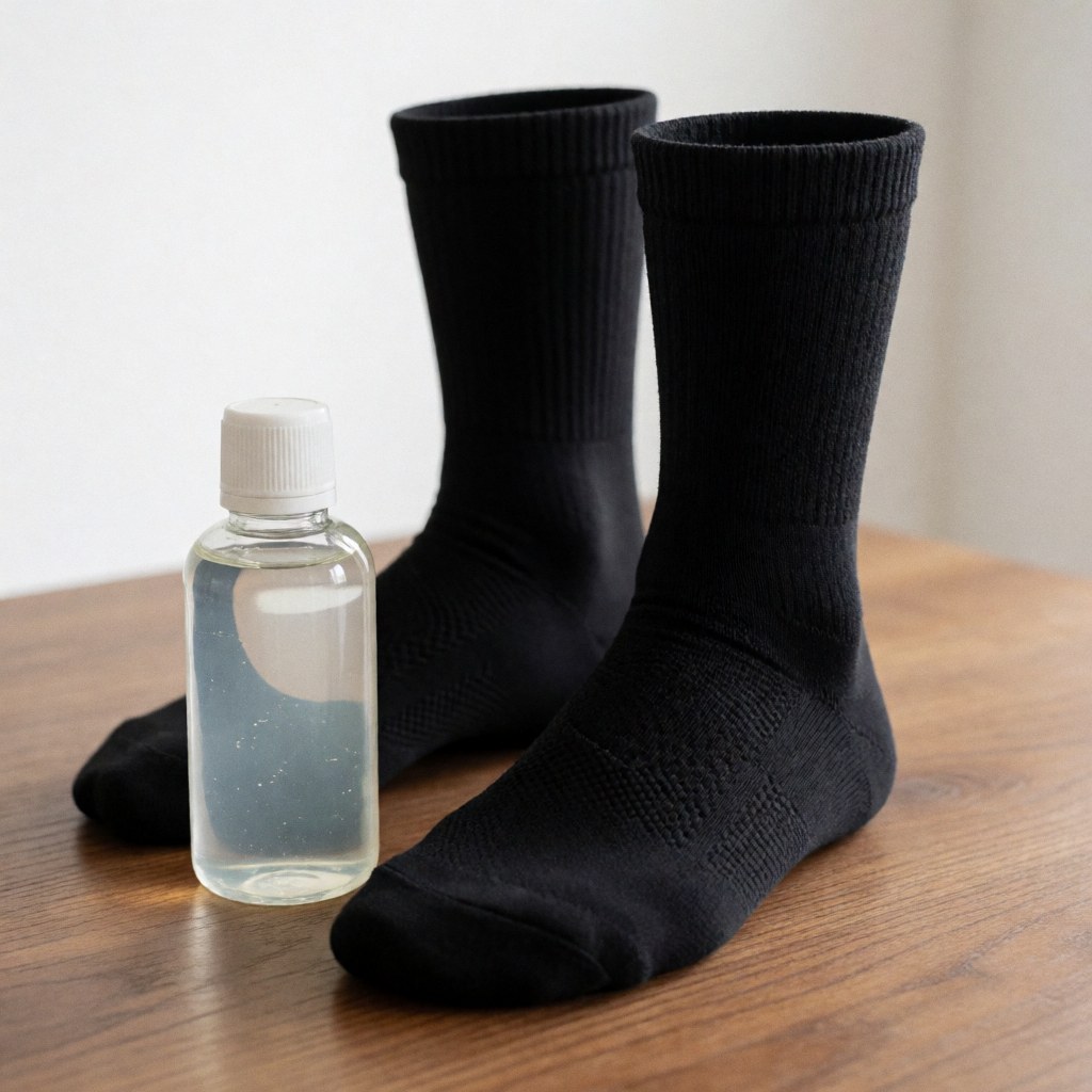 Bottle of recovery gel and black compression socks arranged on a wooden surface, ideal for therapeutic massage and sports rehabilitation products.
