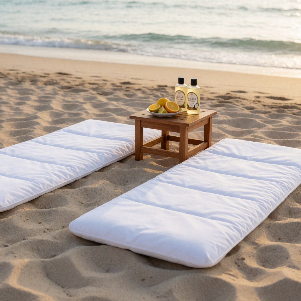 Two white therapeutic massage mats on sand with a table holding coconut oil and lemons, ocean background, relaxing atmosphere