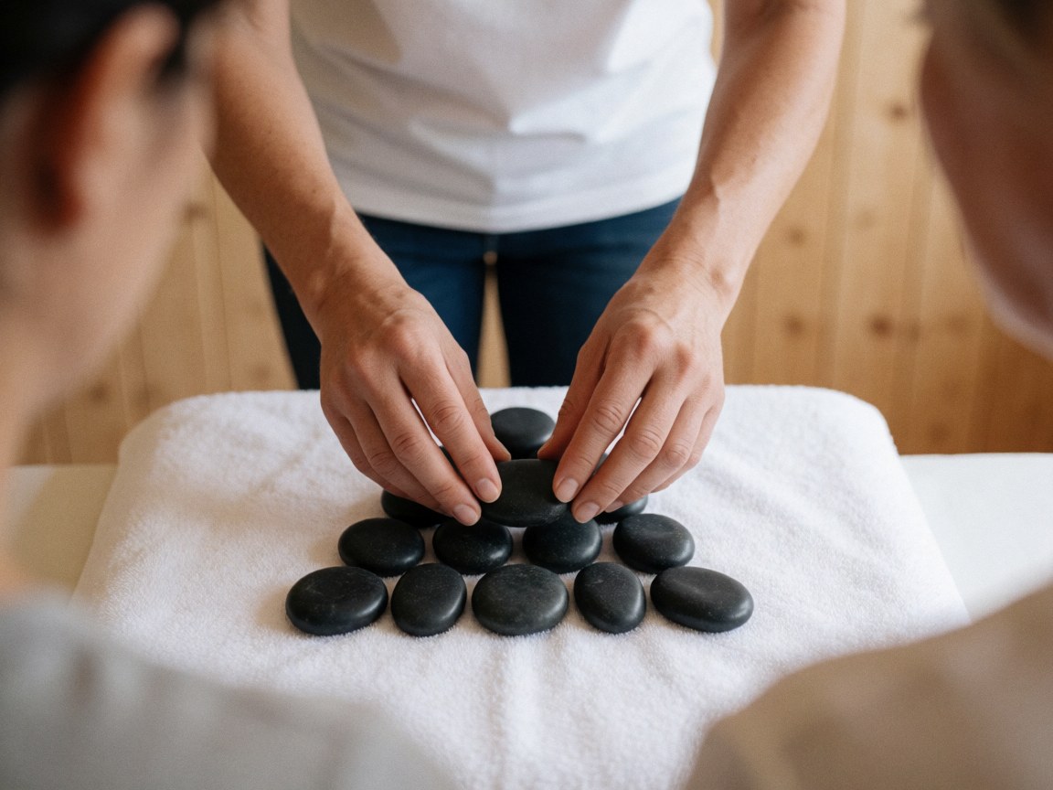 Close-up of hands carefully placing heated basalt stones on a white towel for a relaxing therapeutic massage treatment