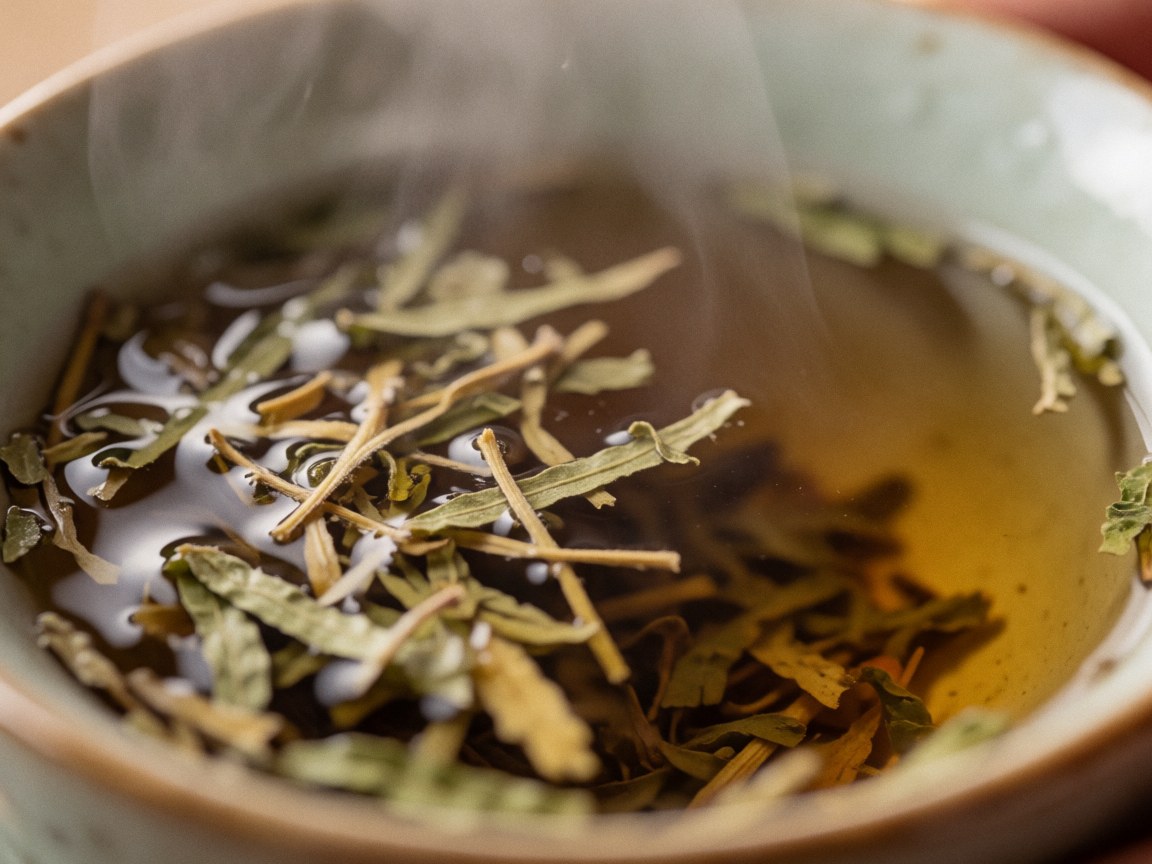 Close-up of a hot herbal tea cup with leaves floating and steam rising, showing a relaxing natural beverage detail.