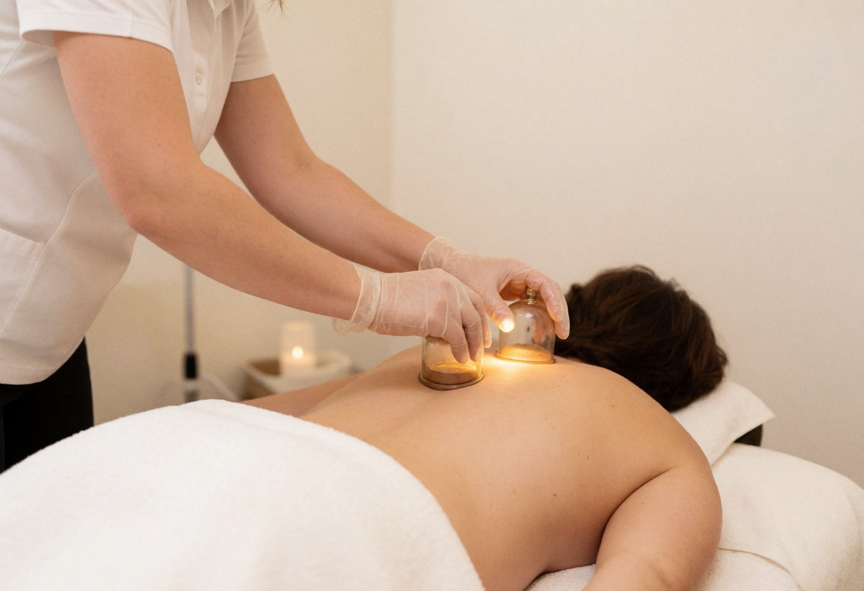 A therapist wearing gloves performs cupping therapy on a client's back during a relaxing spa session