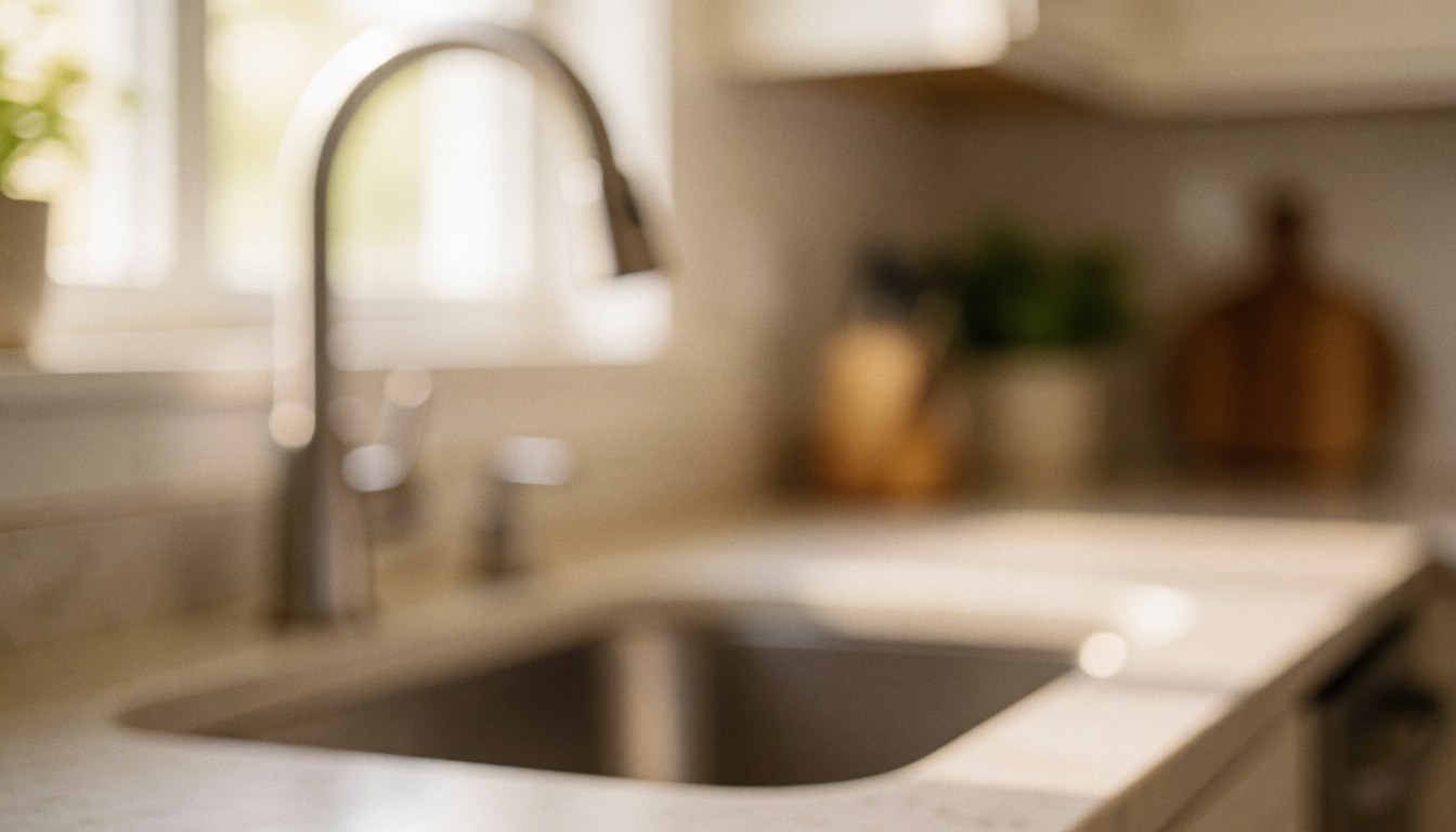 A cozy kitchen interior featuring a stainless steel sink and faucet on a white countertop with wooden accents and soft natural lighting