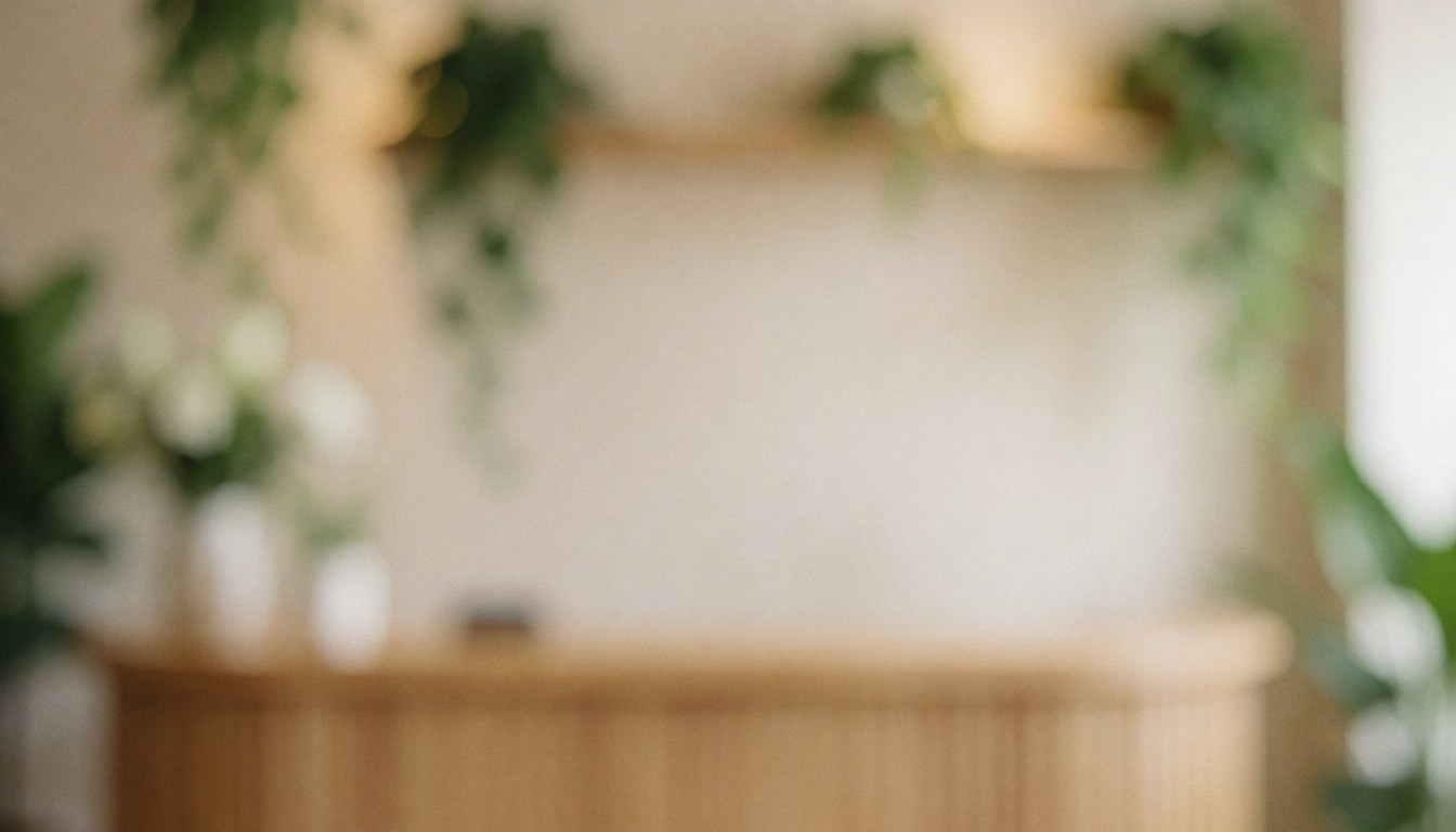 A soft, out-of-focus background featuring green plants, wooden textures, and muted beige tones, ideal for therapeutic massage and spa text overlays