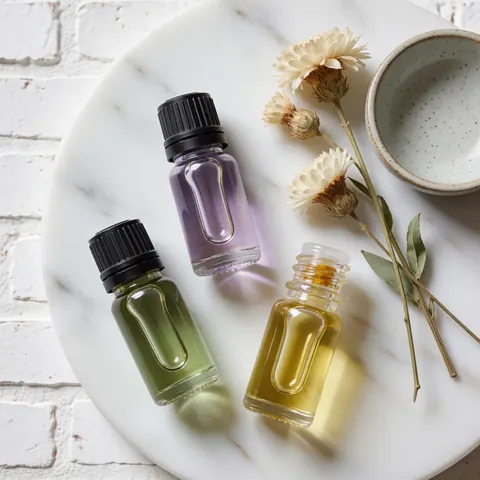 Three essential oil bottles, dried flowers, and a ceramic bowl on white marble with soft natural light for therapeutic massage products
