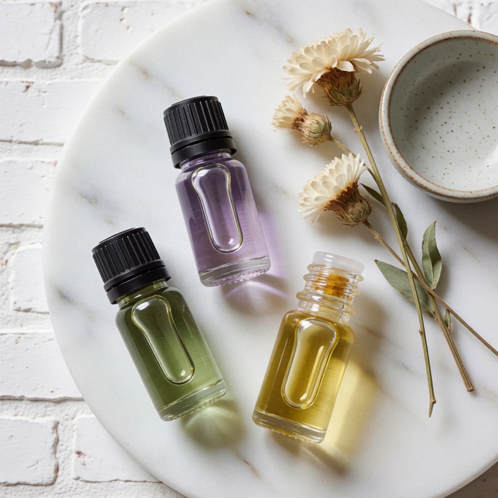 Three essential oil bottles, dried flowers, and a ceramic bowl on white marble with soft natural light for therapeutic massage products