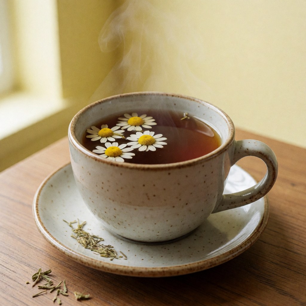 Steaming chamomile tea cup on a wooden saucer against a yellow wall, creating a relaxing and natural atmosphere for therapeutic massages.
