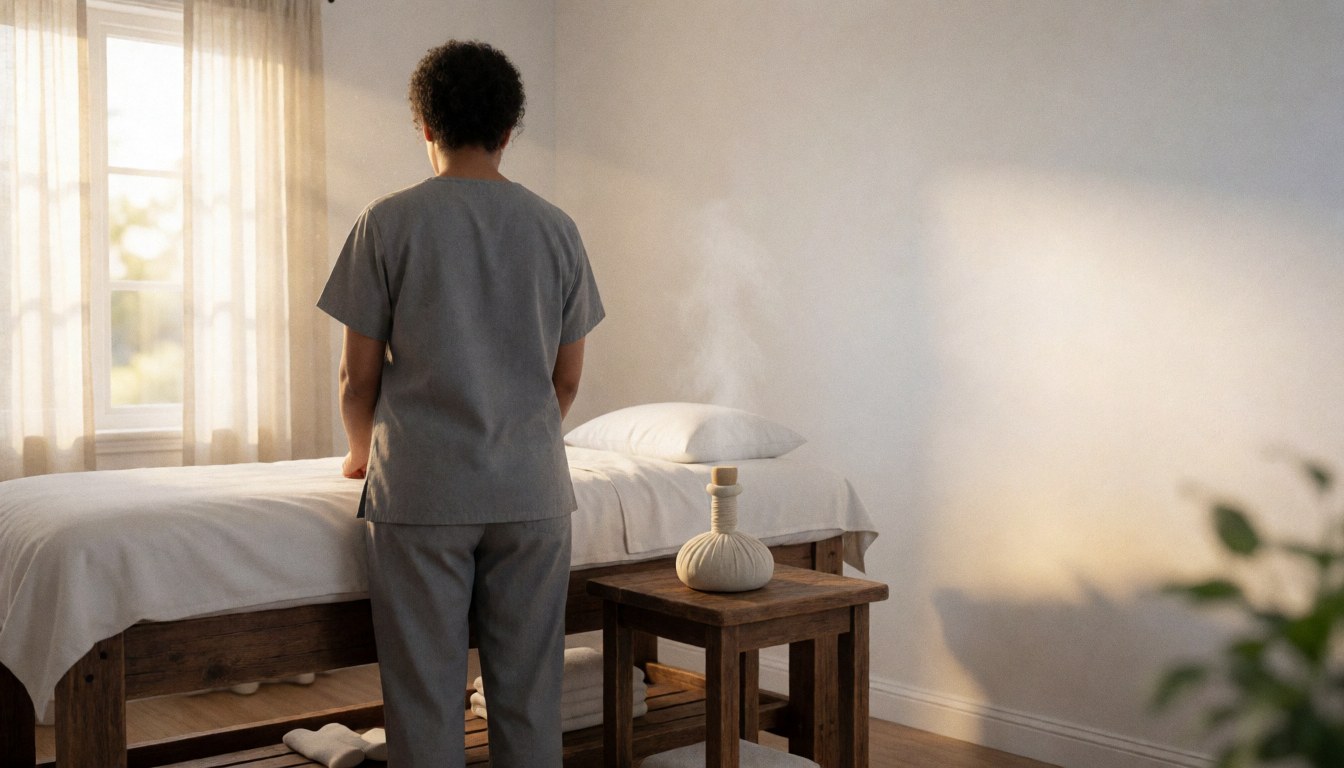 Therapist in gray uniform setting up a steam massage table near a window with natural light in a serene room