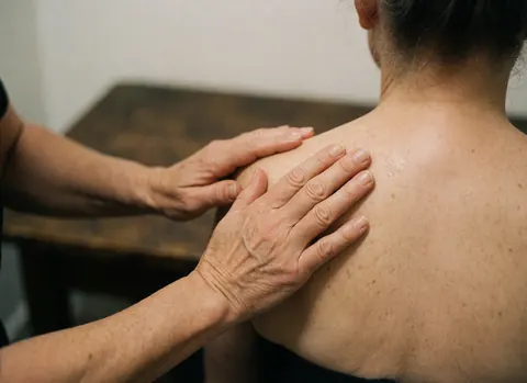 Close-up of a therapist's hands applying massage oil to a client's shoulder against a dark wooden background.