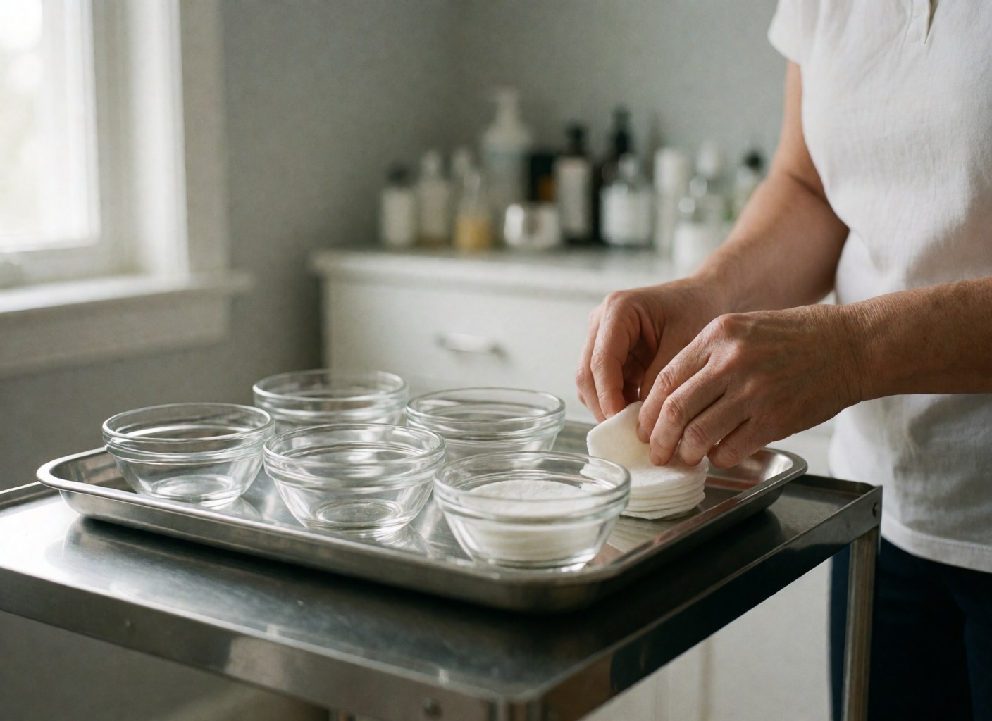 Close-up view of stainless steel tray holding small cotton pads and massage product sachets prepared for therapeutic spa treatments