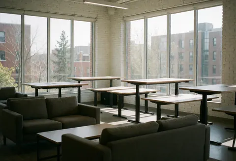 Bright empty coworking room with white brick walls, tables, chairs, and large windows showing city buildings and trees.