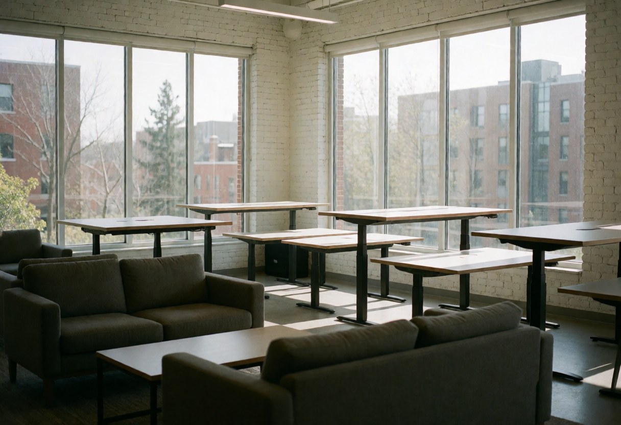Bright empty coworking room with white brick walls, tables, chairs, and large windows showing city buildings and trees.