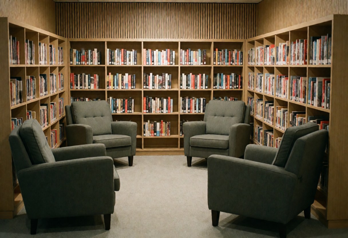 A comfortable gray armchair and light wood bookshelves filled with organized books create a quiet reading area in a contemporary coworking office.