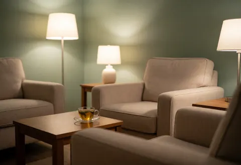 An empty relaxation room featuring comfortable armchairs, a small table with a tea cup, and warm lighting from lamps against a green wall.