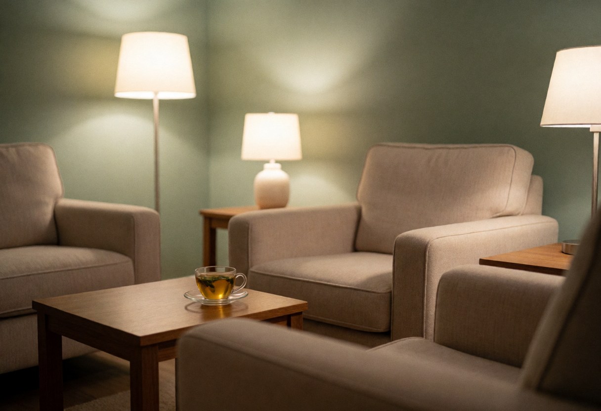 An empty relaxation room featuring comfortable armchairs, a small table with a tea cup, and warm lighting from lamps against a green wall.