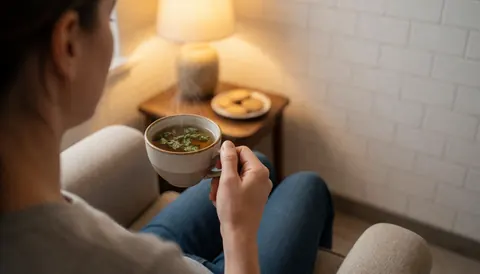 A client sits in a chair holding a cup of hot herbal tea in a relaxing massage therapy room with white tiled walls and warm lighting.
