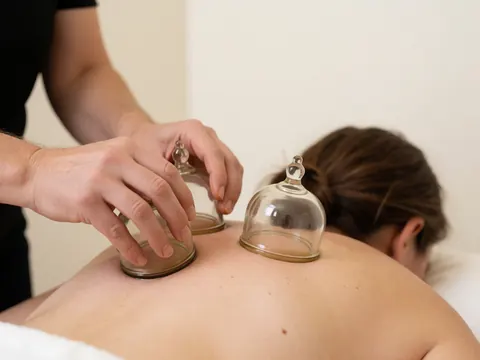 Close-up of glass cups arranged on a clean white surface, highlighting transparency and texture for therapeutic massage details.