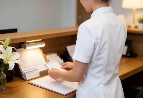 Receptionist in white uniform organizing appointments on a wooden desk with white lilies and warm light, creating a professional and tidy atmosphere.