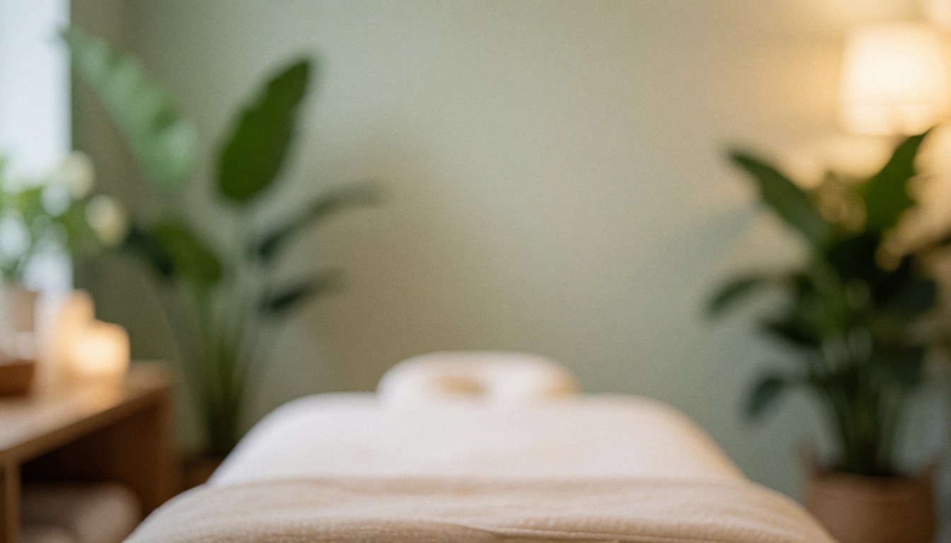 A serene therapeutic massage room interior featuring a treatment bed, green plants, and warm natural light, ideal for text overlay on wellness websites