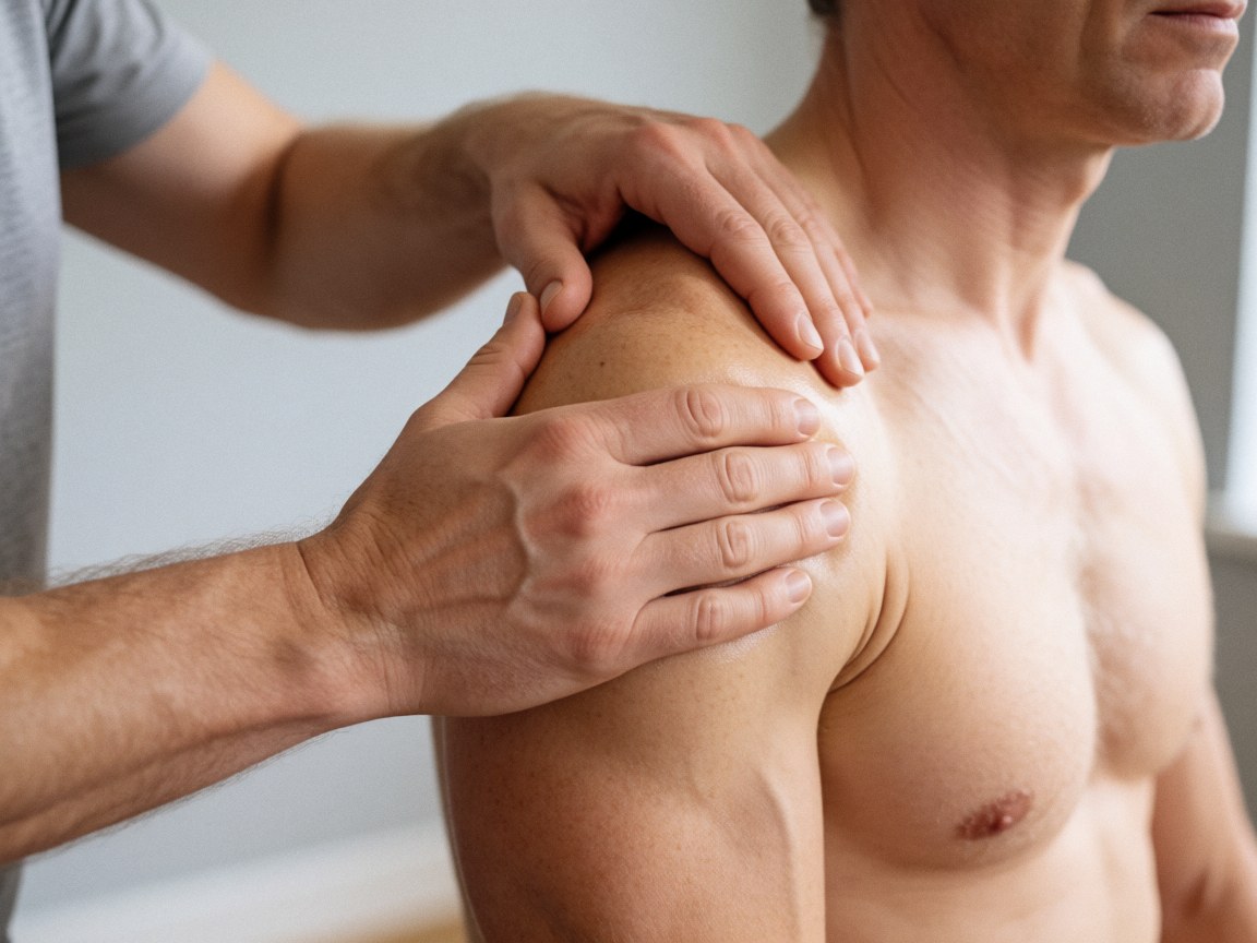 Therapist applying firm therapeutic massage to an athlete's shoulder with natural lighting against a neutral gray wall