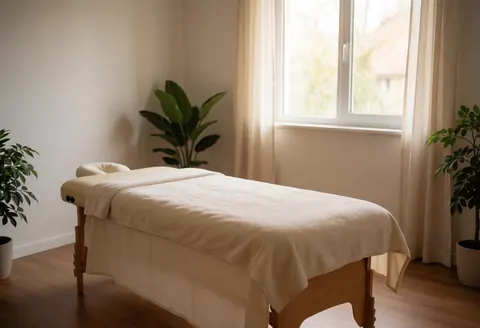 Empty massage therapy room featuring a treatment bed with linens, green plants, and natural light from a window creating a serene atmosphere.